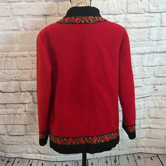 Vintage Boiled Wool Jacket Red with Embroidered Trim Metal Fasteners - Picture 6 of 10